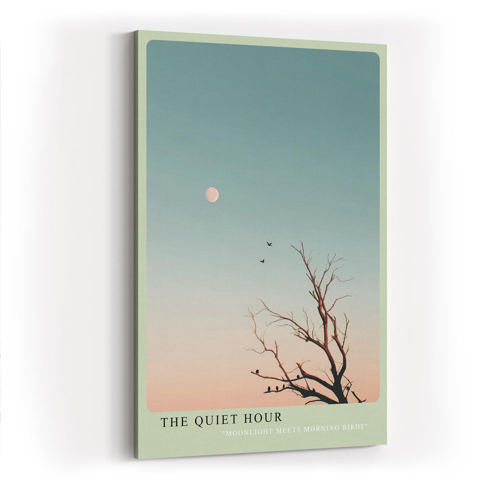 Paul Sinus Wandbild in 40x60cm The Quiet Hour Minimalistische Landschaft mit Baum, Vögeln und Mond im sanften Farbverlauf von Blau zu Rosa