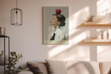 Paul Sinus Wandbild in 40x60cm Perfect Balance – Minimalistisches Porträt einer jungen Frau mit Apfel auf dem Kopf, seitliches Profil, moderne Bilder mit klaren Linien, stilvoll und symbolträchtig