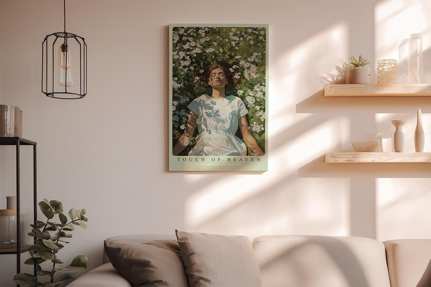 Paul Sinus Wandbild in 40x60cm Touch of Heaven – Sommerliches Porträt einer Frau im weißen Kleid, liegend in einem Meer aus weißen Blumen