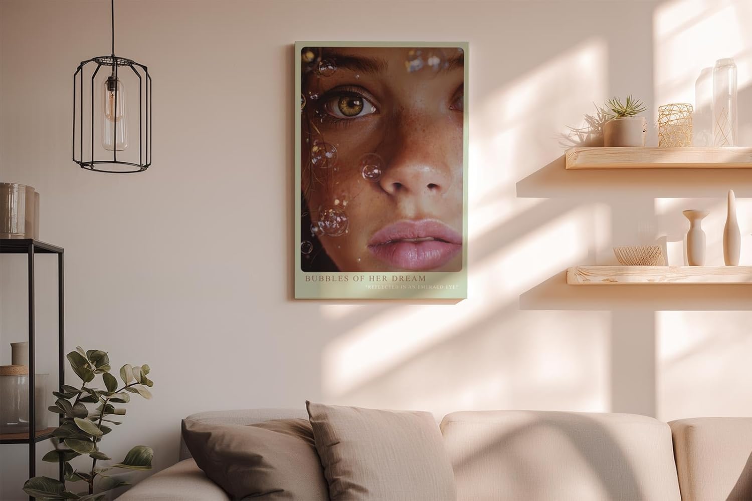 Paul Sinus Wandbild in 40x60cm Bubbles of Her Dream hyperrealistisches Porträt einer Frau mit grünen Augen und Seifenblasen