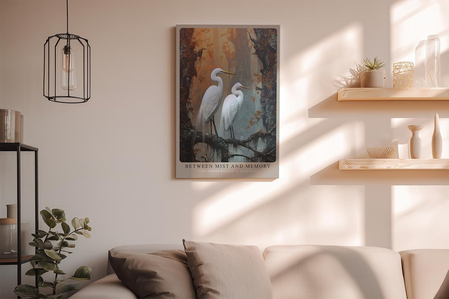 Paul Sinus Wandbild in 40x60cm Between Mist and Memory naturgetreue Darstellung zweier weißer Reiher in nebliger Waldlandschaft