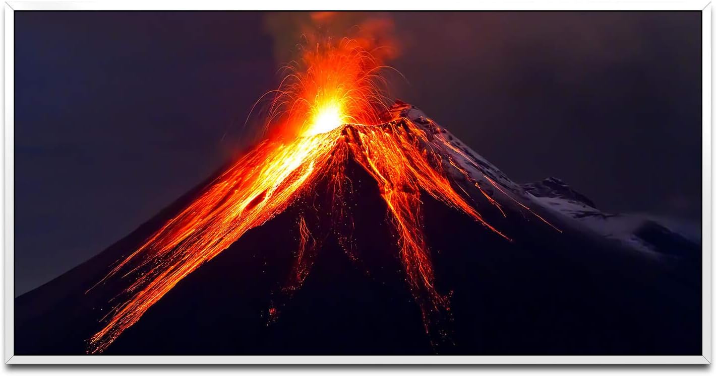Vulkan mit Lava ca. 130x70cm Wandbild inklusive Schattenfugenrahmen weiss - Panorama Leinwand Bild XXL Format Wandbilder Wohnzimmer Wohnung Deko Kunstdrucke