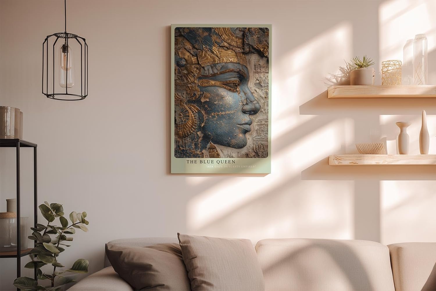 Paul Sinus Wandbild in 40x60cm The Blue Queen – Ägyptisches Königinnenprofil in Blau-Gold mit feinen Reliefdetails