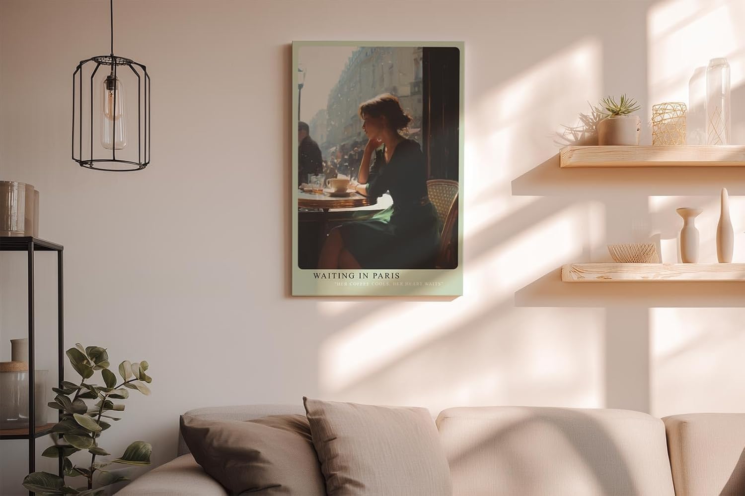 Paul Sinus Wandbild in 40x60cm Waiting in Paris – Ausdrucksstarke Szene einer Frau am Café-Tisch in Paris, nachdenklich ins Straßenleben blickend, moderne Bilder in warmen Farbtönen