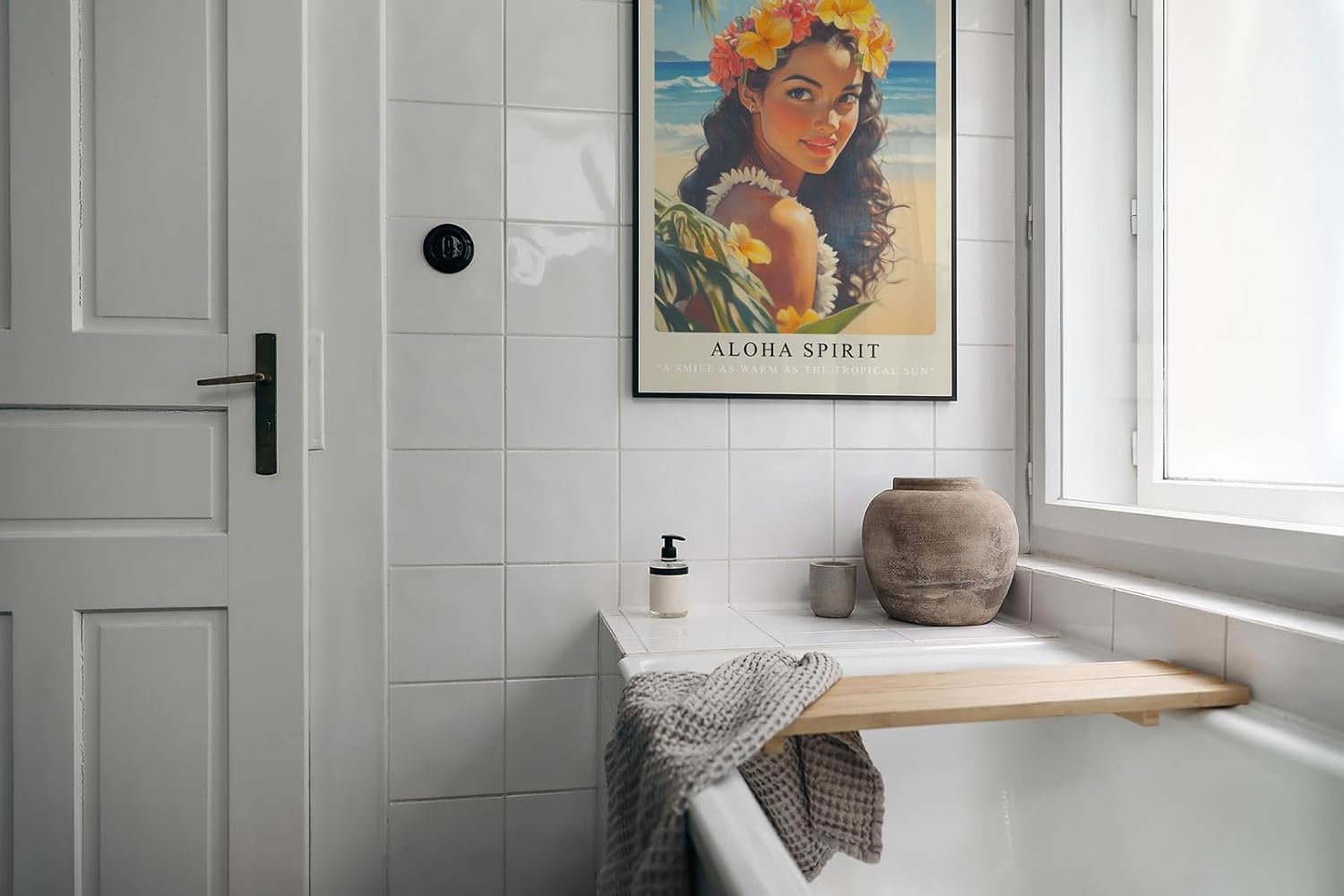 Paul Sinus Leinwandbild 80x120cm Aloha Spirit – Frau, Hawaii, Tropen, Blumenkranz, Strand, Ozean, Sonne, Natur, Exotik, Schönheit, Wärme, Leichtigkeit