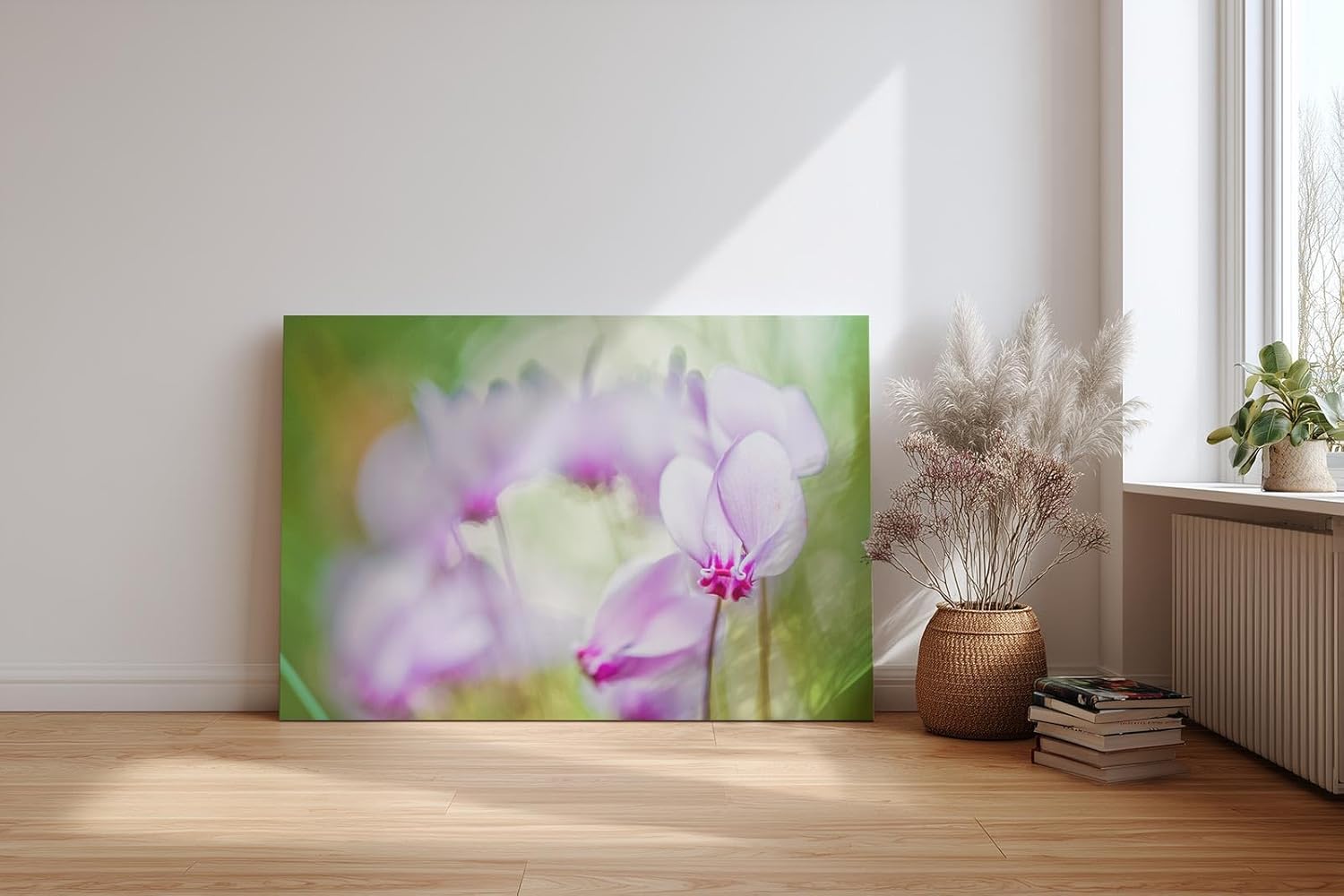 Sinus Art Wandbild 120x80cm Filigrane Cyclamenblüten in Rosa und Flieder vor weichem grünem Hintergrund