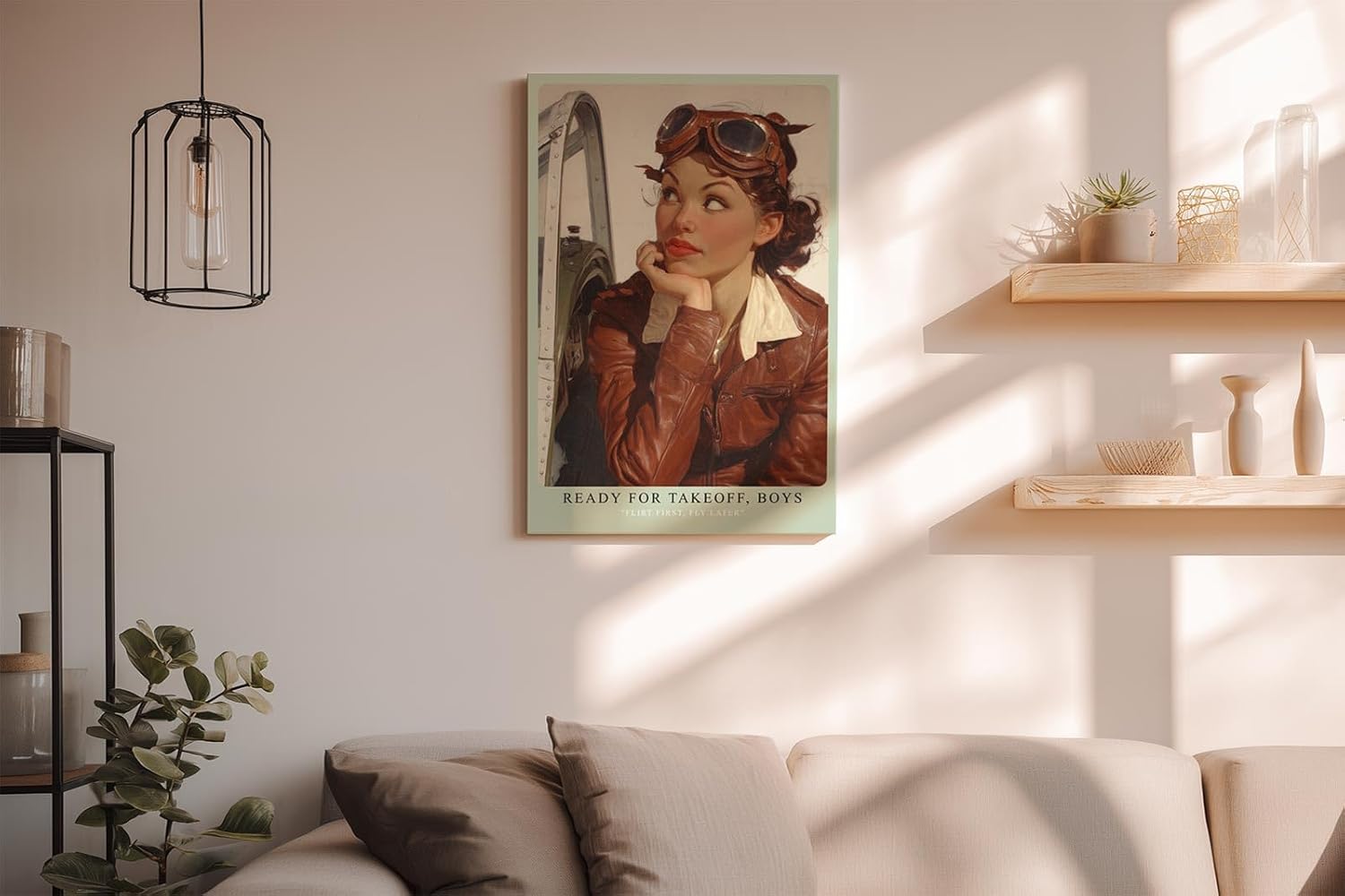 Paul Sinus Wandbild in 40x60cm Ready for Takeoff, Boys – Pin-up-Pilotin in Lederjacke und Fliegerbrille mit verträumtem Blick
