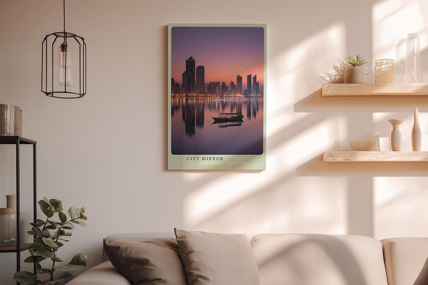 Paul Sinus Wandbild in 40x60cm City Mirror mit ruhiger Stadtsilhouette und Boot im Abendlicht für moderne Wandgestaltung