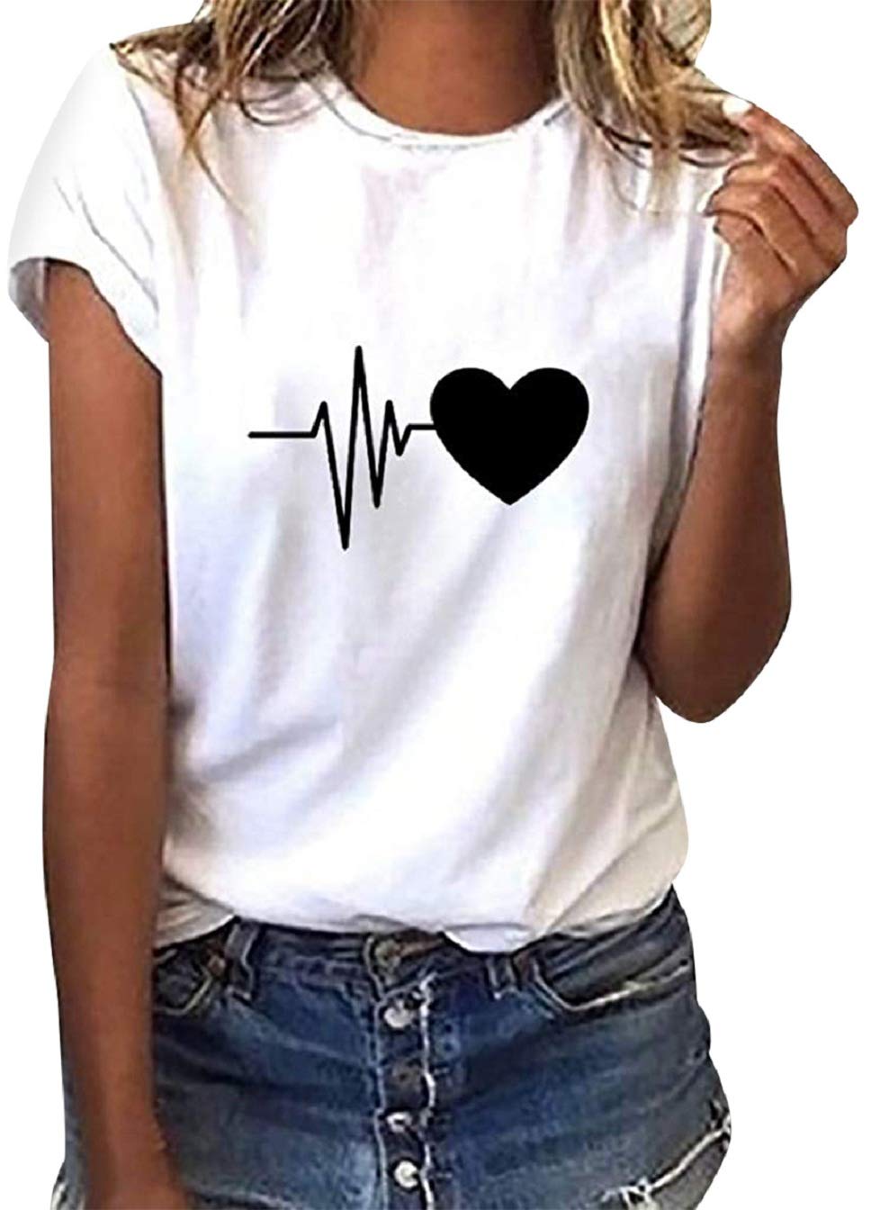 Tuopuda T-Shirt Damen Sommer Oberteile Rundhals Kurzärmeliges Print Bluse Basic Shirt Bequem Baumwolle Tunika Tee Tops Schlank Hemd für Frühling Sommer Herbst