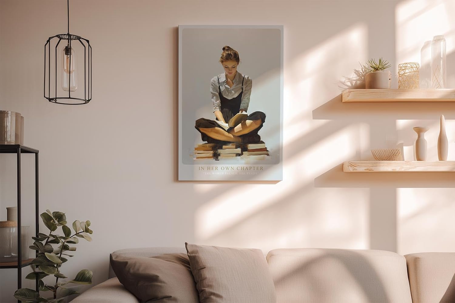 Paul Sinus Wandbild in 40x60cm In Her Own Chapter – Ausdrucksstarkes Porträt einer jungen Frau, auf Bücherstapeln sitzend und lesend, moderne Bilder mit klaren Linien und warmen Akzenten