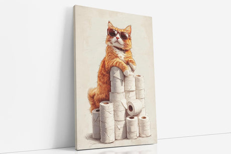 Paul Sinus Poster/Leinwandbild/Rahmenoption – Coole Katze auf dem Klopapier-Thron – Lustige WC-Deko für dein Badezimmer