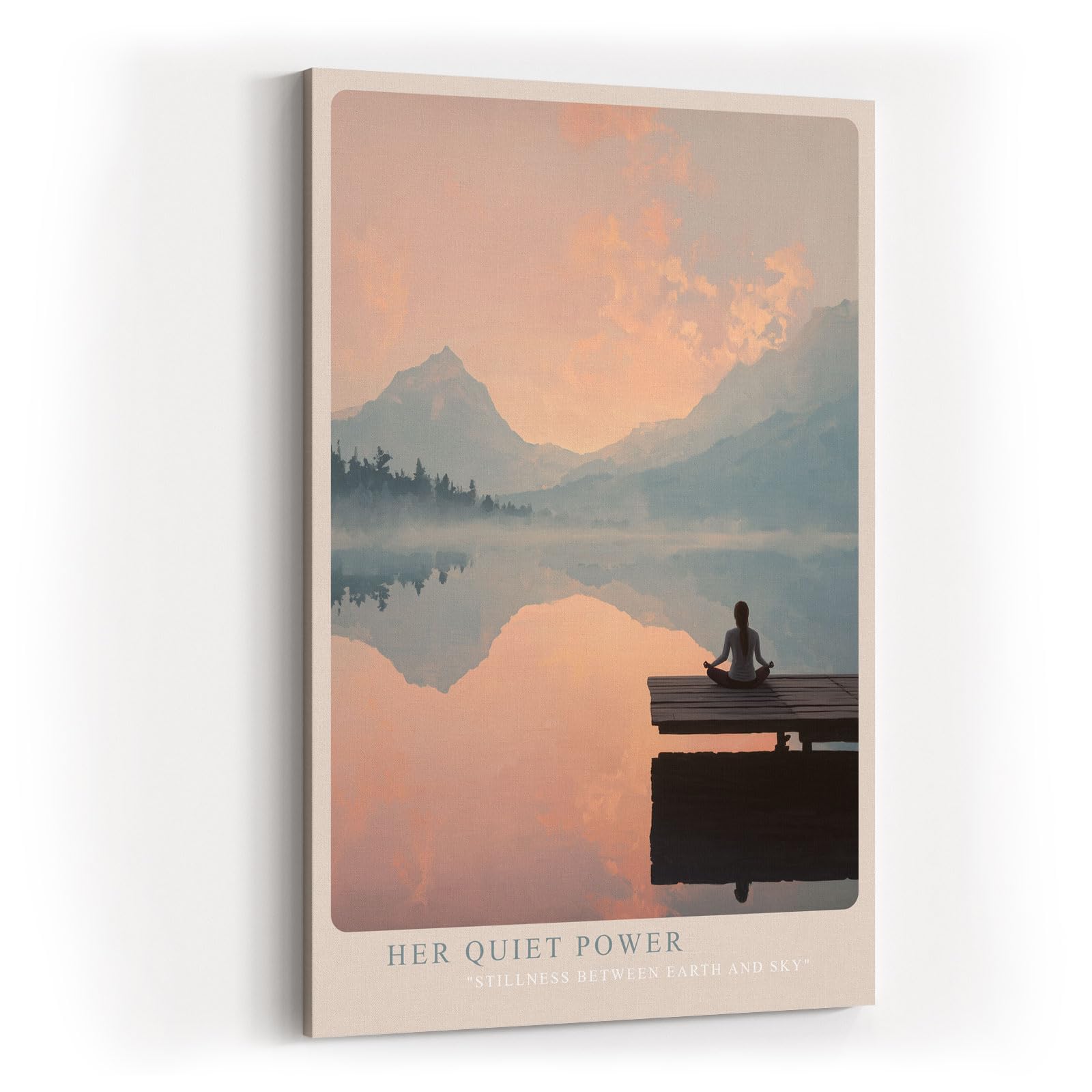 Paul Sinus Wandbild in 40x60cm Her Quiet Power – Meditatives Landschaftsmotiv mit Frau auf einem Steg, Blick auf spiegelnden See und Berge im Sonnenaufgang, moderne Bilder in sanften Farbtönen