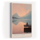 Paul Sinus Wandbild in 40x60cm Her Quiet Power – Meditatives Landschaftsmotiv mit Frau auf einem Steg, Blick auf spiegelnden See und Berge im Sonnenaufgang, moderne Bilder in sanften Farbtönen