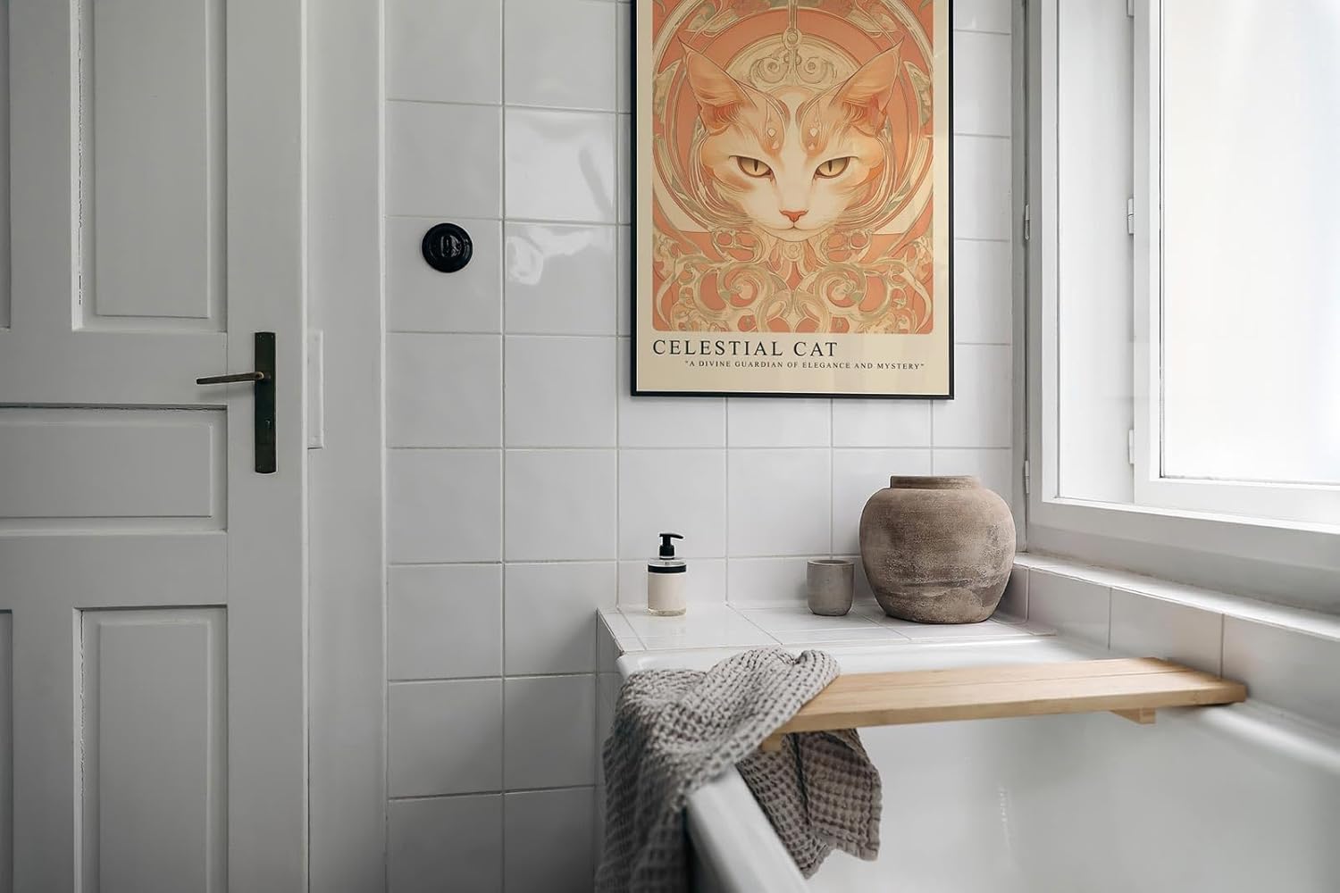 Paul Sinus Leinwandbild 60x90cm kunstvolle Darstellung einer mystischen Katze mit ornamentalen Verzierungen, harmonische Wandkunst in warmen Erdtönen
