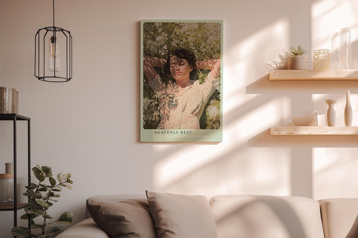 Paul Sinus Wandbild in 40x60cm Heavenly Rest – Liegendes Porträt einer jungen Frau im Blumenfeld, mit geschlossenen Augen, moderne Bilder in sanften Pastelltönen, friedlich und träumerisch