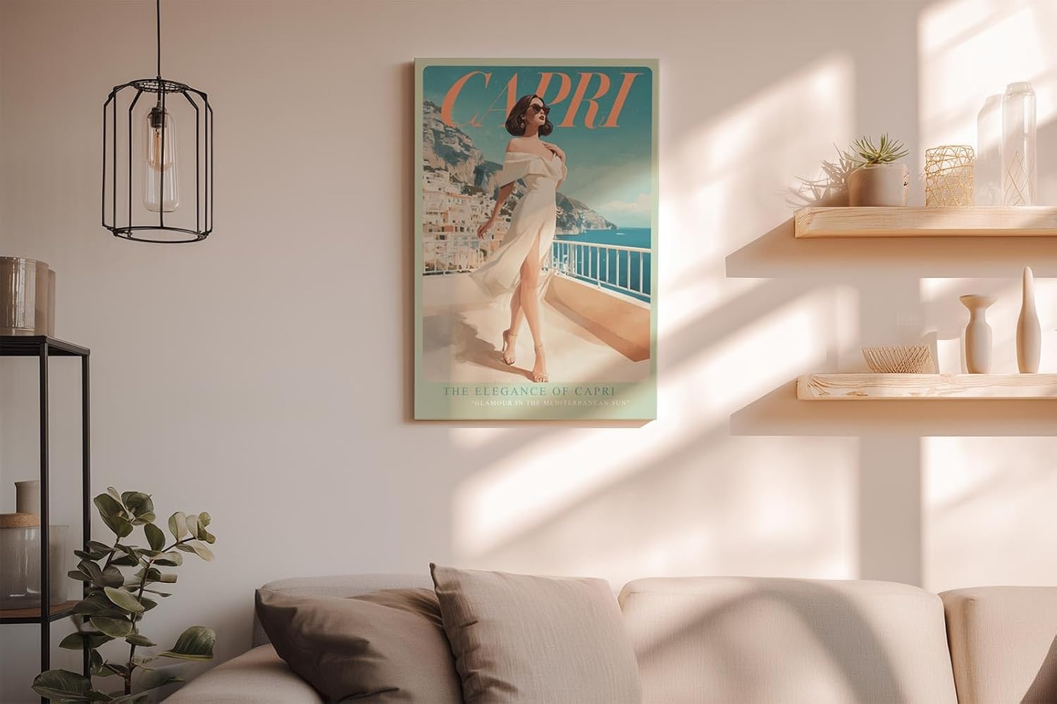 Paul Sinus Wandbild in 40x60cm Capri Küstenidylle mit eleganter Frau im weißen Kleid mediterrane Kunst auf Leinwand