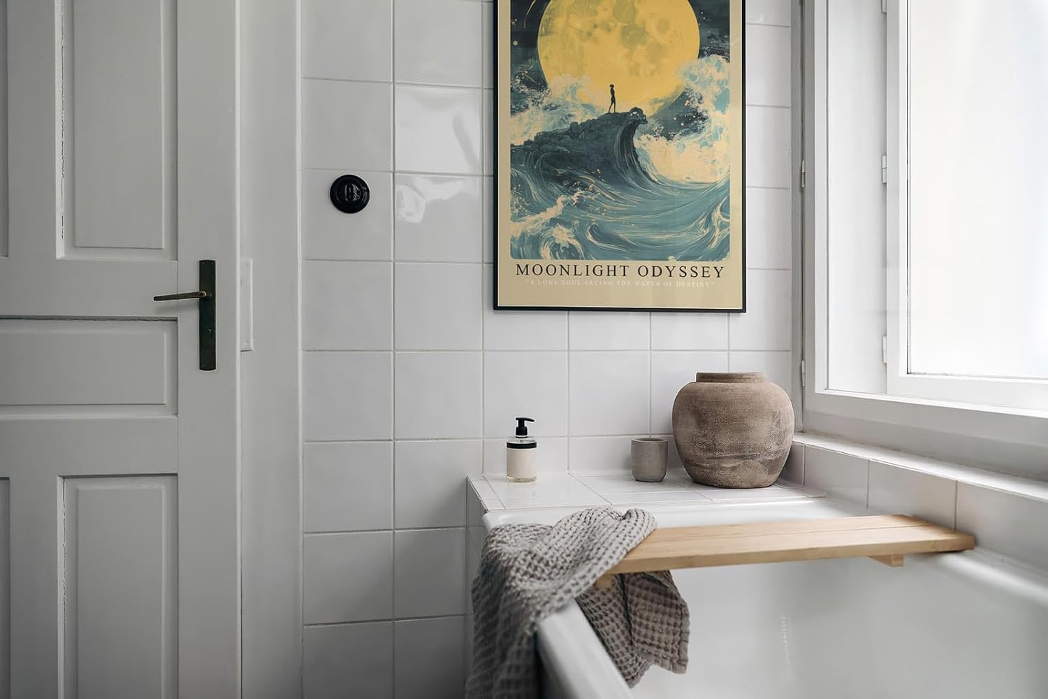 Paul Sinus Leinwandbild 80x120cm Moonlight Odyssey – Mystische Mondszene mit einsamer Silhouette auf einer Welle, umgeben von stürmischem Meer