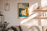 Paul Sinus Wandbild in 40x60cm A Summer in Santorini – Frau im gelben Kleid vor weiß-blauen Kuppeln und Meerblick, mediterranes Urlaubsflair
