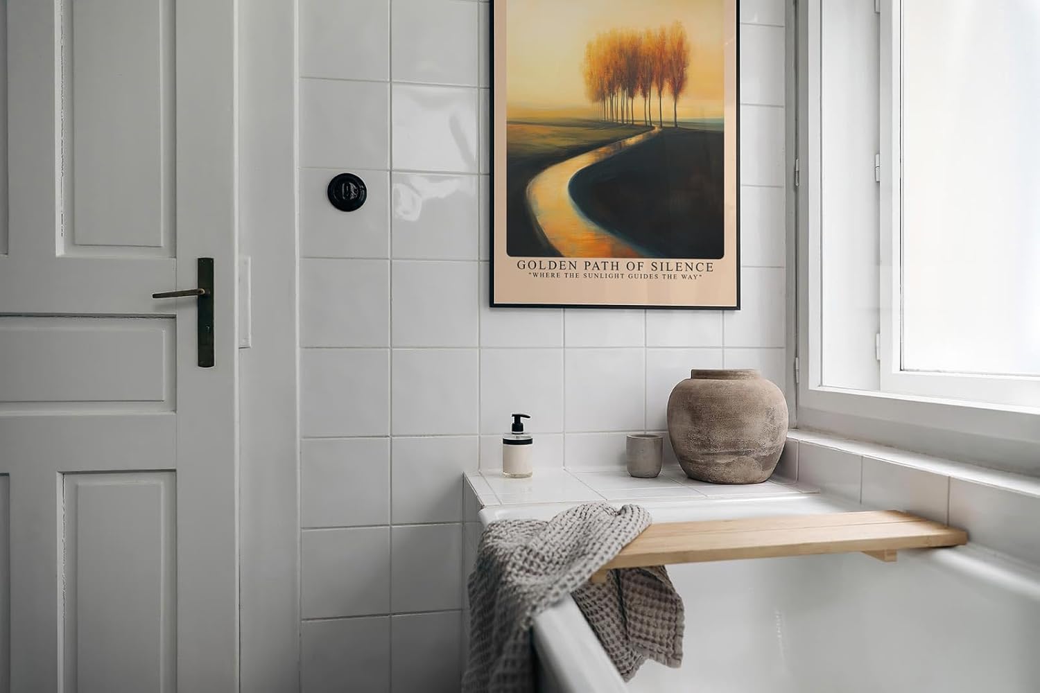 Paul Sinus Leinwandbild 60x90cm Golden Path of Silence – Mystischer Sonnenweg mit goldenen Herbstbäumen in sanftem Licht