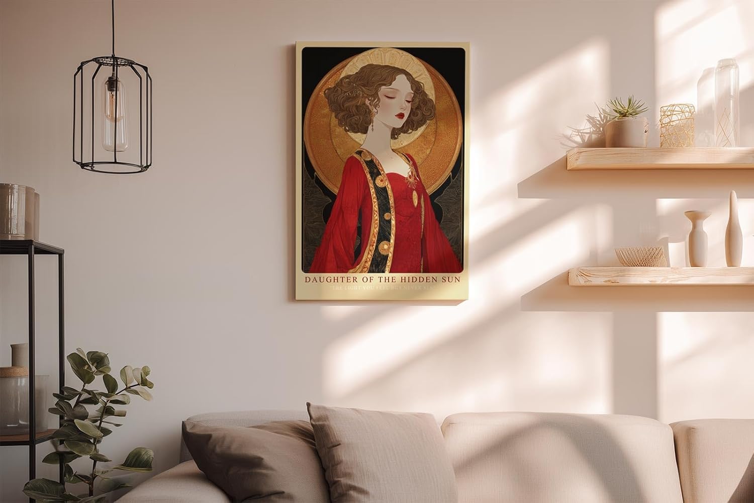 Paul Sinus Wandbild in 40x60cm Daughter of the Hidden Sun Stilisiertes Frauenporträt in Rot und Gold mit ornamentalen Details für luxuriöse Raumgestaltung