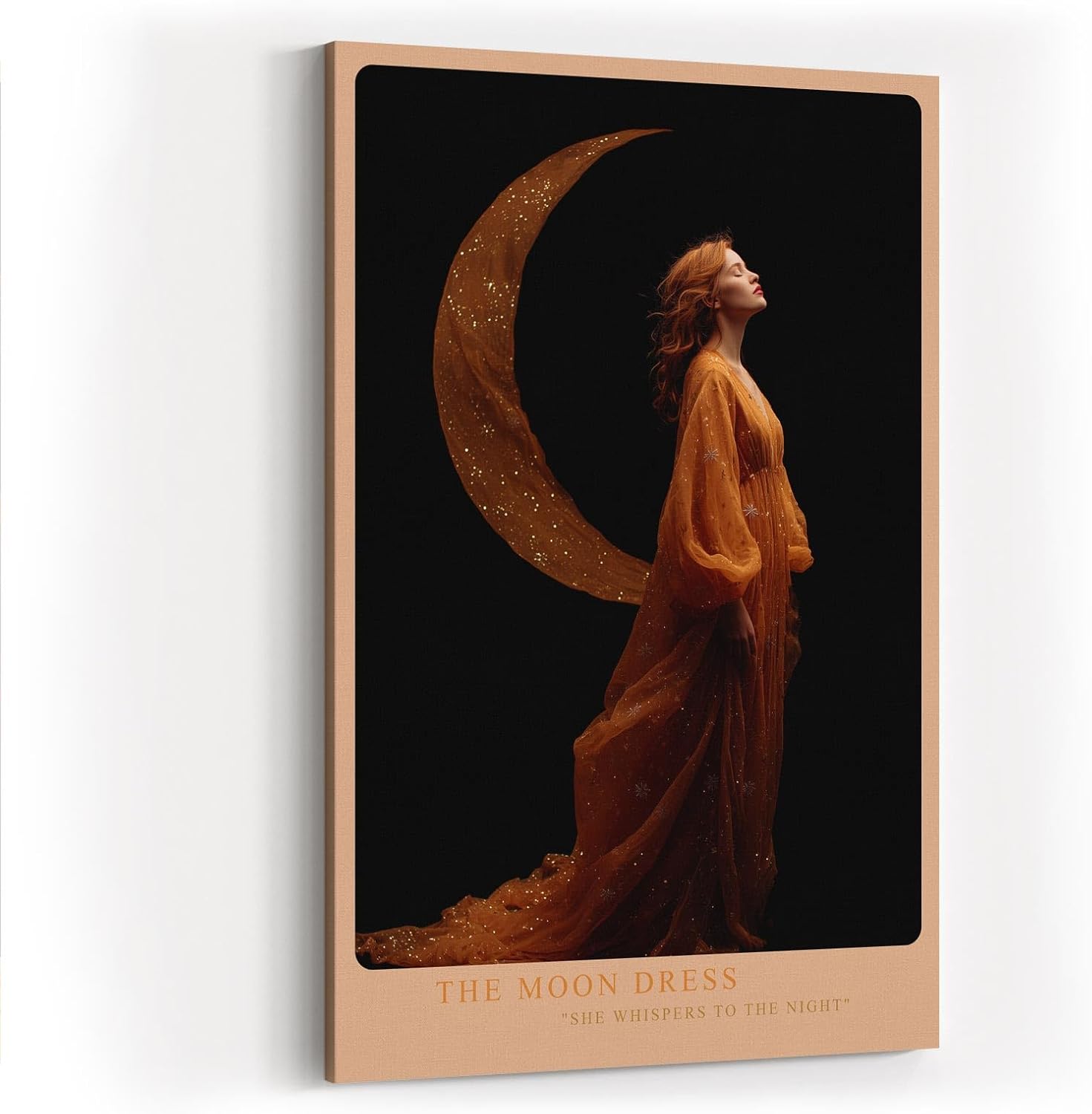 Paul Sinus Wandbild in 40x60cm The Moon Dress Elegante Frau in goldenem Kleid vor Mondsichel auf schwarzem Hintergrund
