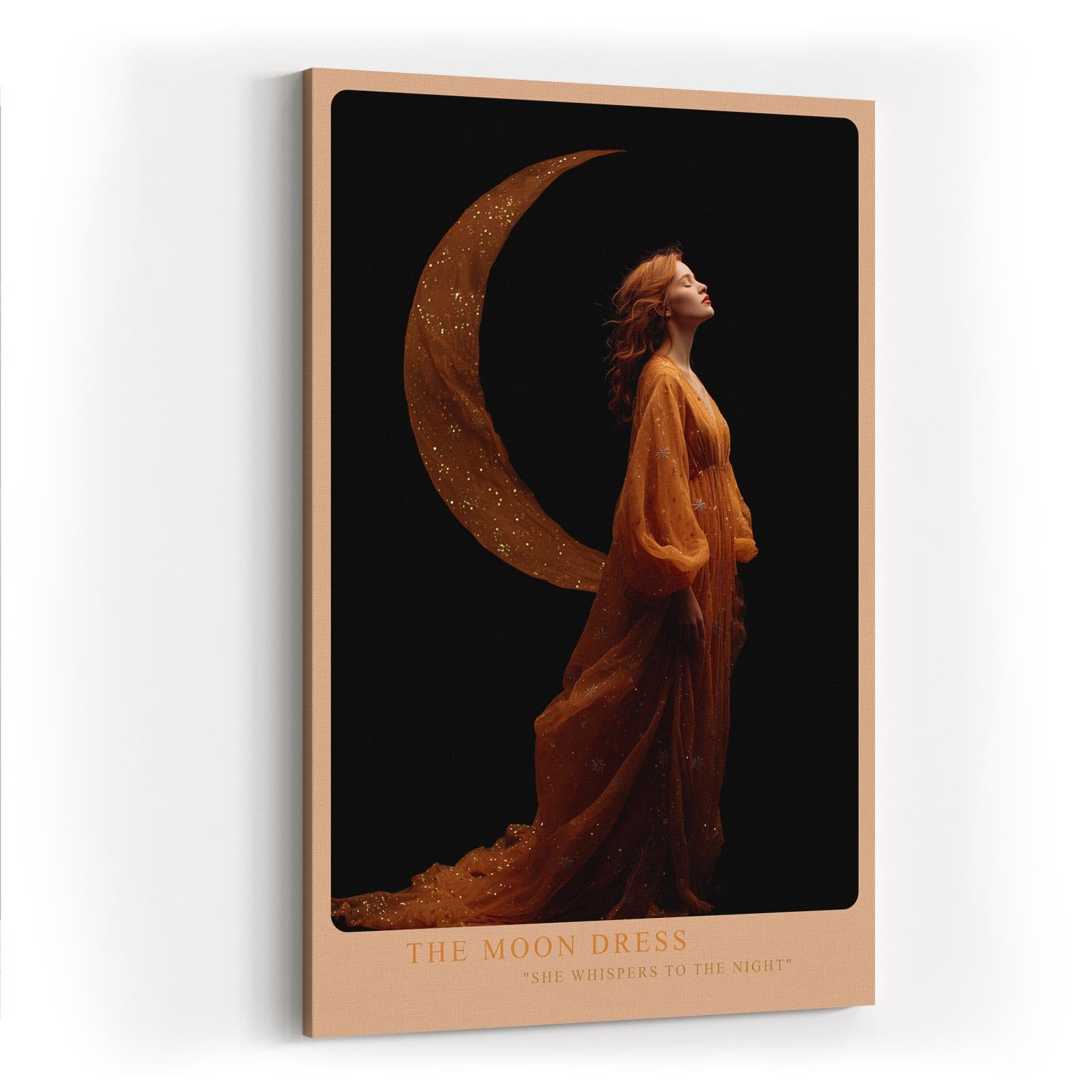 Paul Sinus Wandbild in 40x60cm The Moon Dress Elegante Frau in goldenem Kleid vor Mondsichel auf schwarzem Hintergrund