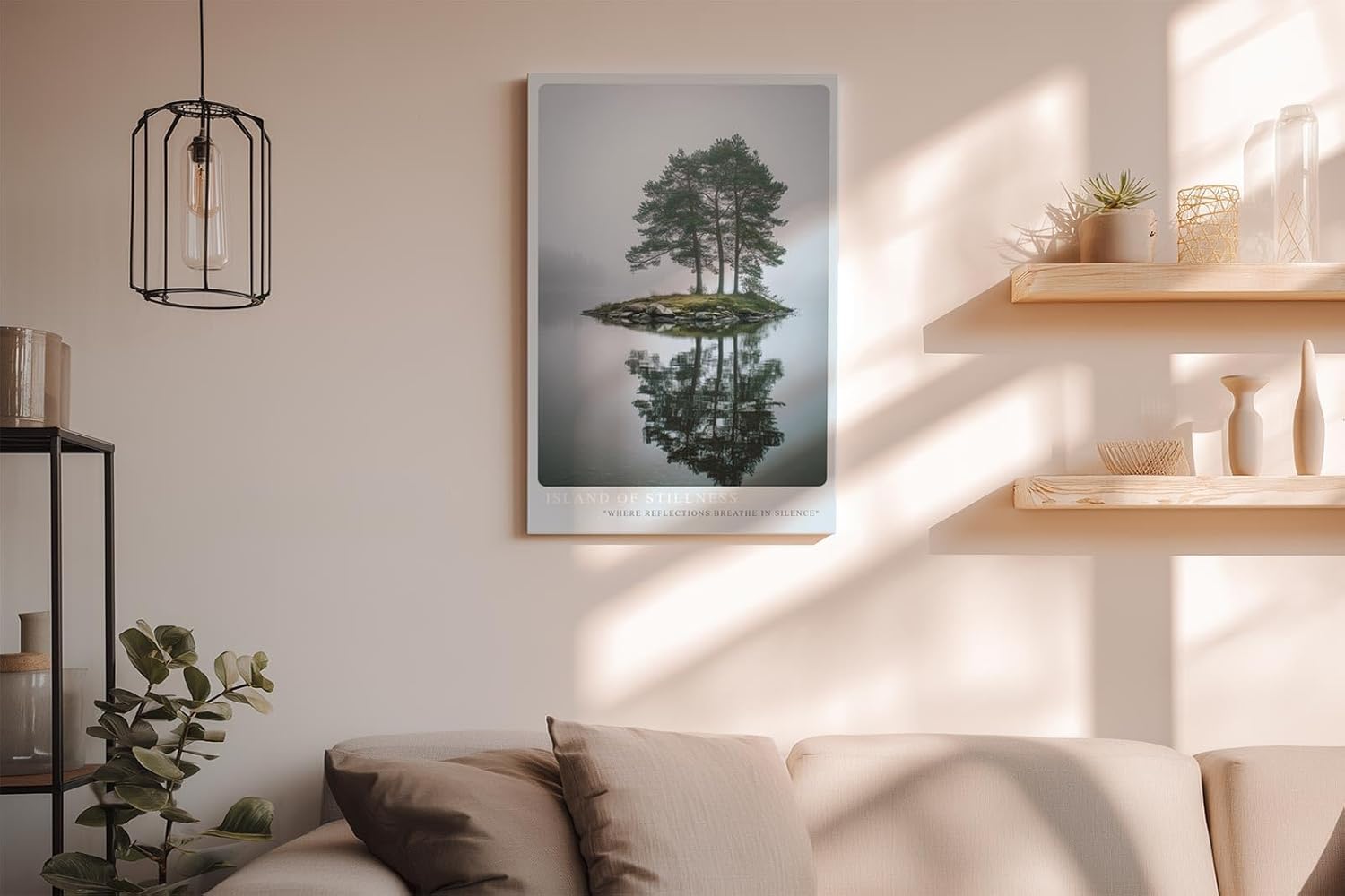 Paul Sinus Wandbild in 40x60cm Island of Stillness – Nebelige Seeinsel mit Baumgruppe, ruhiges Naturmotiv in sanften Grautönen und Spiegelung im Wasser