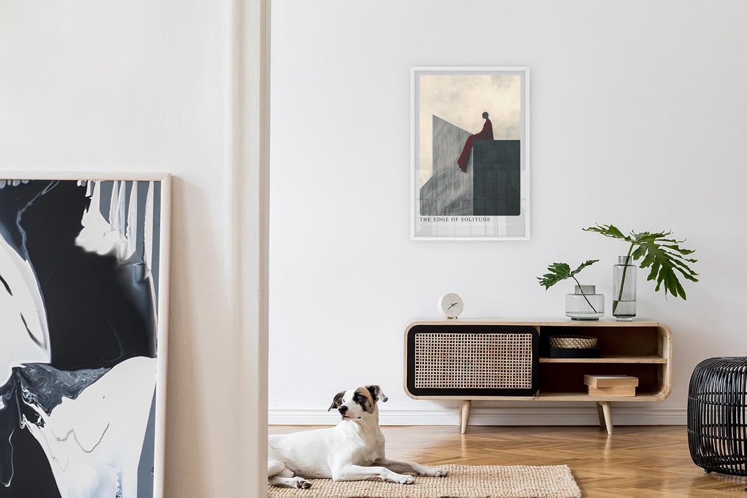 Paul Sinus Leinwandbild 60x90cm The Edge of Solitude – Minimalistische Kunst, abstrakte Silhouette auf geometrischer Architektur, tiefrote Drapierung