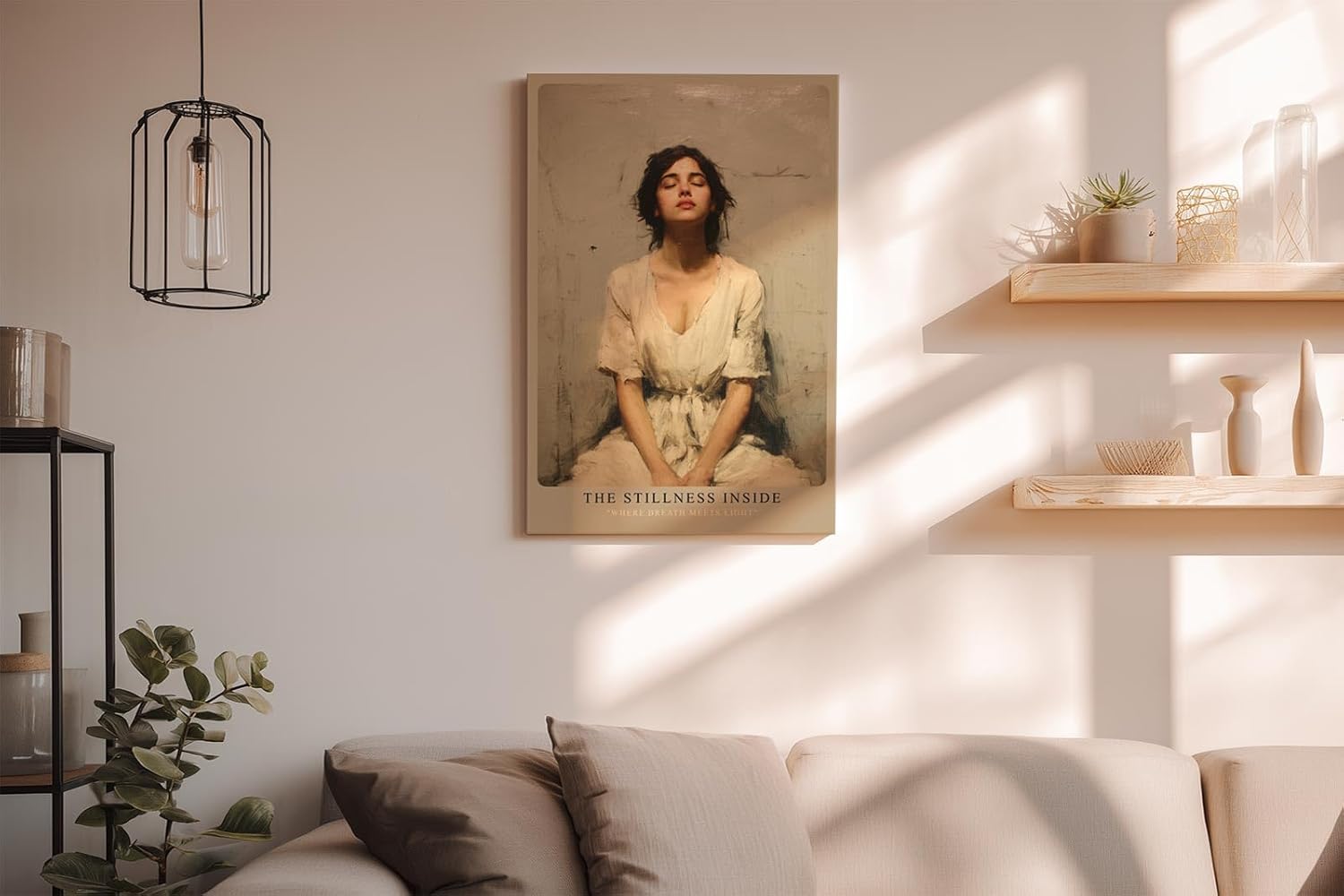 Paul Sinus Wandbild in 40x60cm The Stillness Inside Serene Woman in White Dress with Eyes Closed in Peaceful Minimalist Setting