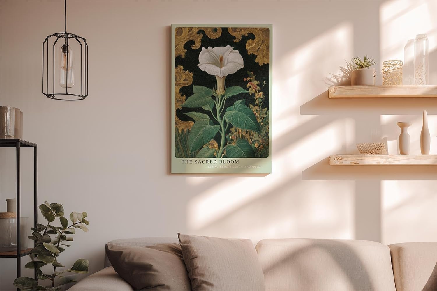 Paul Sinus Wandbild in 40x60cm The Sacred Bloom Botanische Darstellung einer weißen Blüte mit grünen Blättern vor golden verziertem Hintergrund