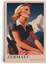 Paul Sinus Leinwandbild 80x120cm Leinwandbild Retro Lady Zermatt Alpen Vintage Reiselust Schweiz Nostalgie stilvolle Eleganz Kunstmotiv Berglandschaft