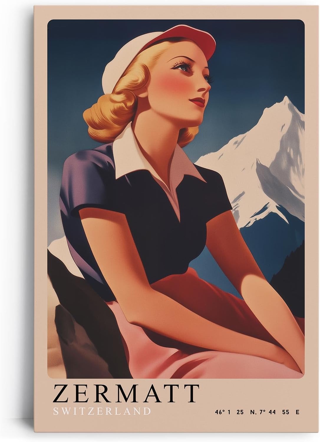 Paul Sinus Leinwandbild 80x120cm Leinwandbild Retro Lady Zermatt Alpen Vintage Reiselust Schweiz Nostalgie stilvolle Eleganz Kunstmotiv Berglandschaft