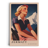 Paul Sinus Leinwandbild 80x120cm Leinwandbild Retro Lady Zermatt Alpen Vintage Reiselust Schweiz Nostalgie stilvolle Eleganz Kunstmotiv Berglandschaft