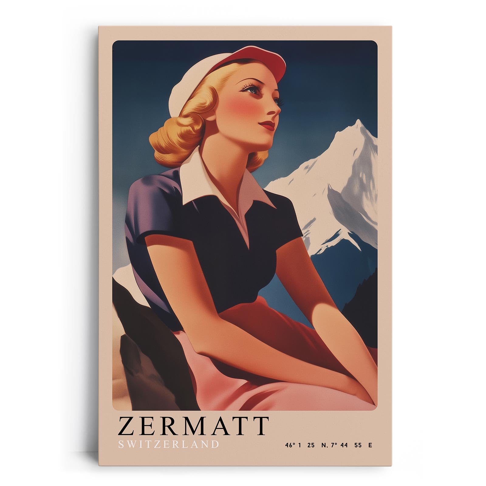 Paul Sinus Leinwandbild 80x120cm Leinwandbild Retro Lady Zermatt Alpen Vintage Reiselust Schweiz Nostalgie stilvolle Eleganz Kunstmotiv Berglandschaft
