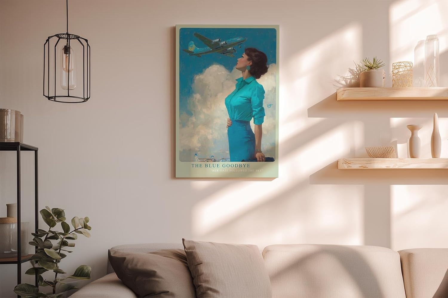 Paul Sinus Wandbild in 40x60cm The Blue Goodbye mit stilvoller Frau im Retro-Look und Flugzeug am Himmel für elegante Wandgestaltung