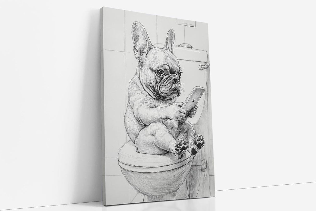 Paul Sinus Poster/Leinwandbild/Rahmenoption Lustiges Hundebild – Witzige Klo-Deko fürs Gäste-WC – Perfekt für Smartphone-Junkies