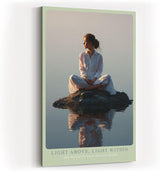 Paul Sinus Wandbild in 40x60cm Light Above, Light Within – Meditatives Porträt einer Frau in weißem Gewand, sitzend auf einem Felsen im stillen Wasser bei Sonnenaufgang