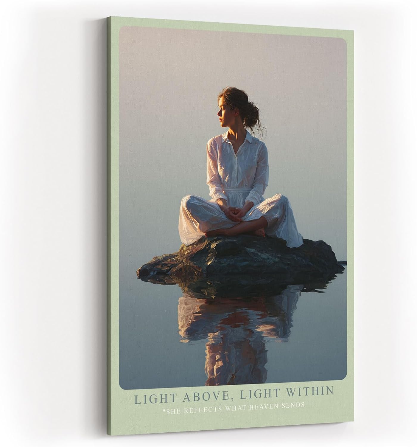 Paul Sinus Wandbild in 40x60cm Light Above, Light Within – Meditatives Porträt einer Frau in weißem Gewand, sitzend auf einem Felsen im stillen Wasser bei Sonnenaufgang