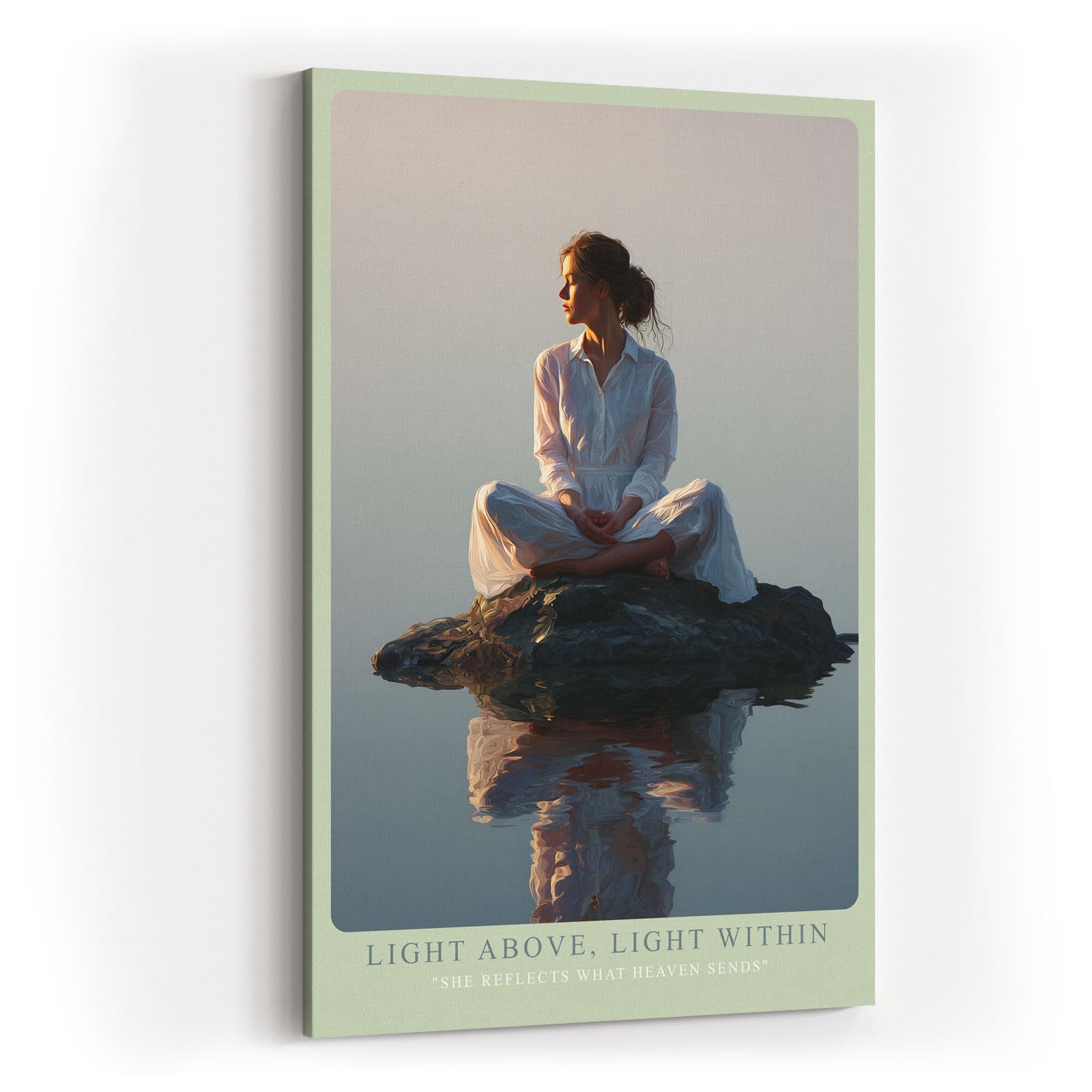 Paul Sinus Wandbild in 40x60cm Light Above, Light Within – Meditatives Porträt einer Frau in weißem Gewand, sitzend auf einem Felsen im stillen Wasser bei Sonnenaufgang