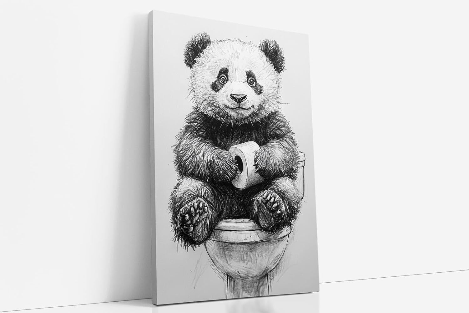 Paul Sinus Poster/Leinwandbild/Rahmenoption – Süßer Panda auf Toilette – Lustige WC-Deko für dein Badezimmer