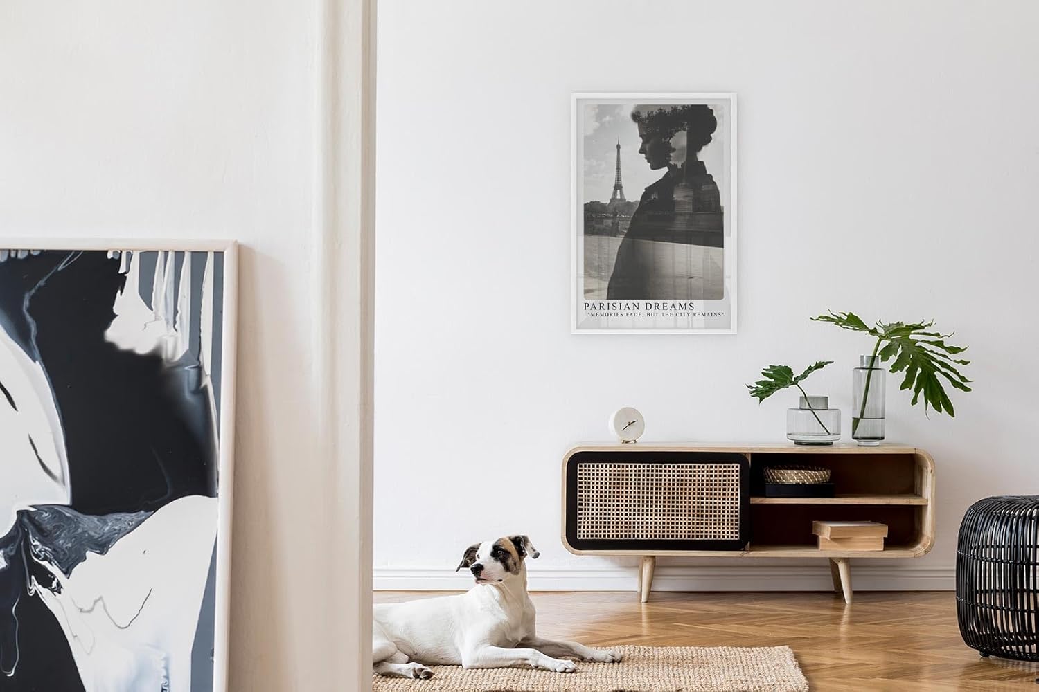 Paul Sinus Leinwandbild 60x90cm Pariser Träume – Mystische Doppelbelichtung einer Frau mit Eiffelturm und urbaner Melancholie