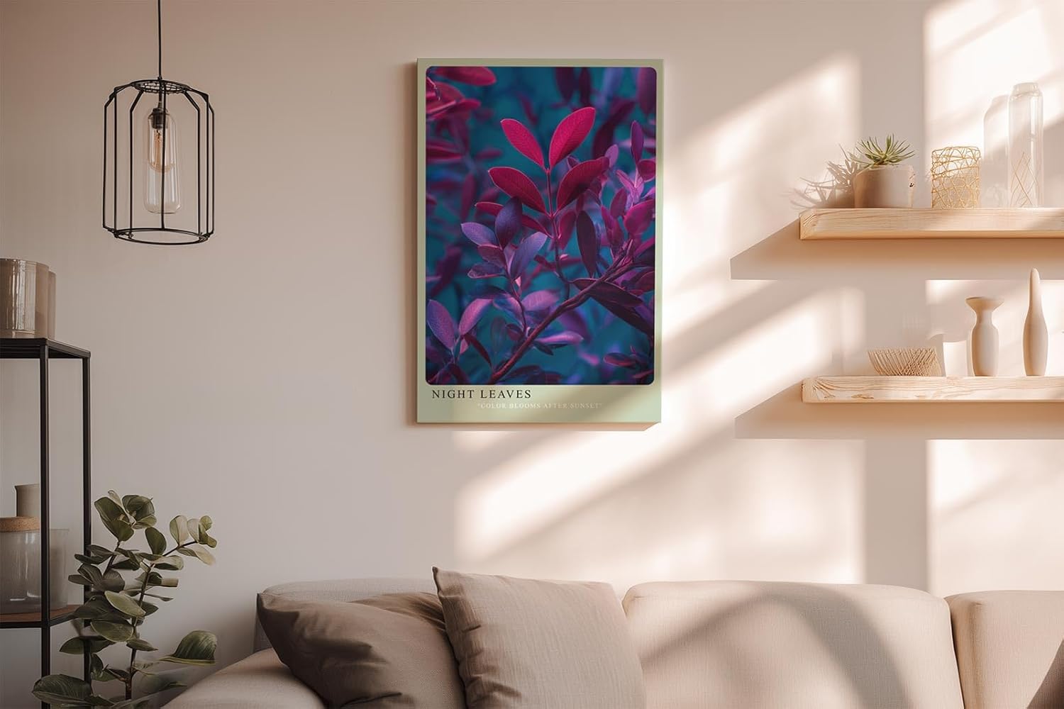 Paul Sinus Wandbild in 40x60cm Night Leaves – elegante Pflanzenblätter in stimmungsvoller Abendfarbpalette aus Pink, Lila und Blau