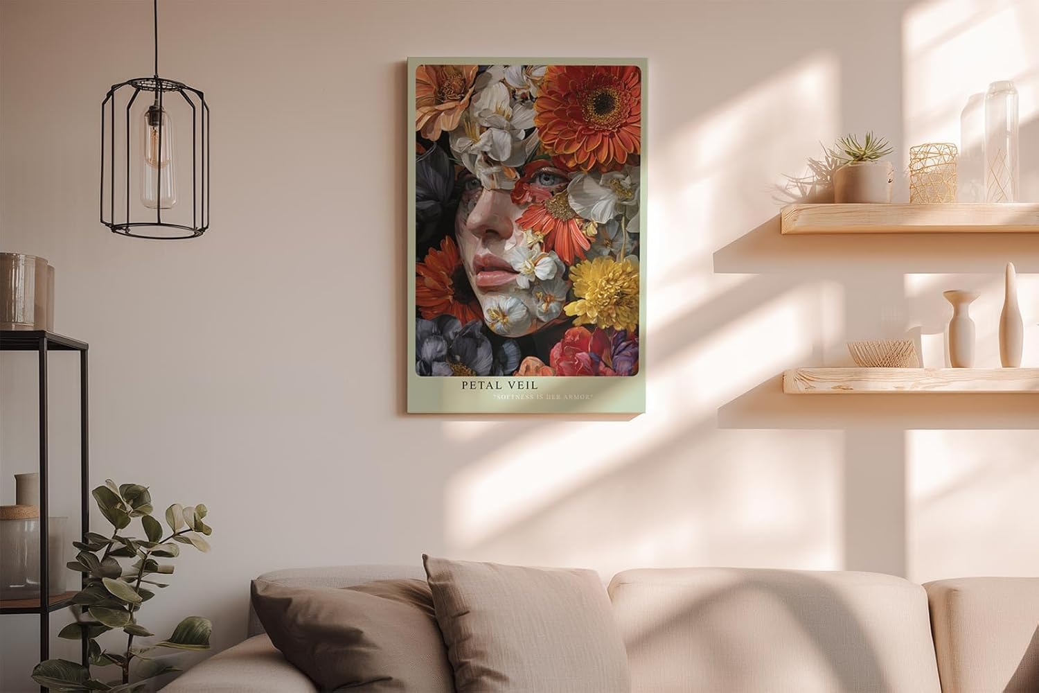 Paul Sinus Wandbild in 40x60cm Petal Veil mit Frauenportrait hinter floraler Komposition in kräftigen Farben für elegante Wandgestaltung