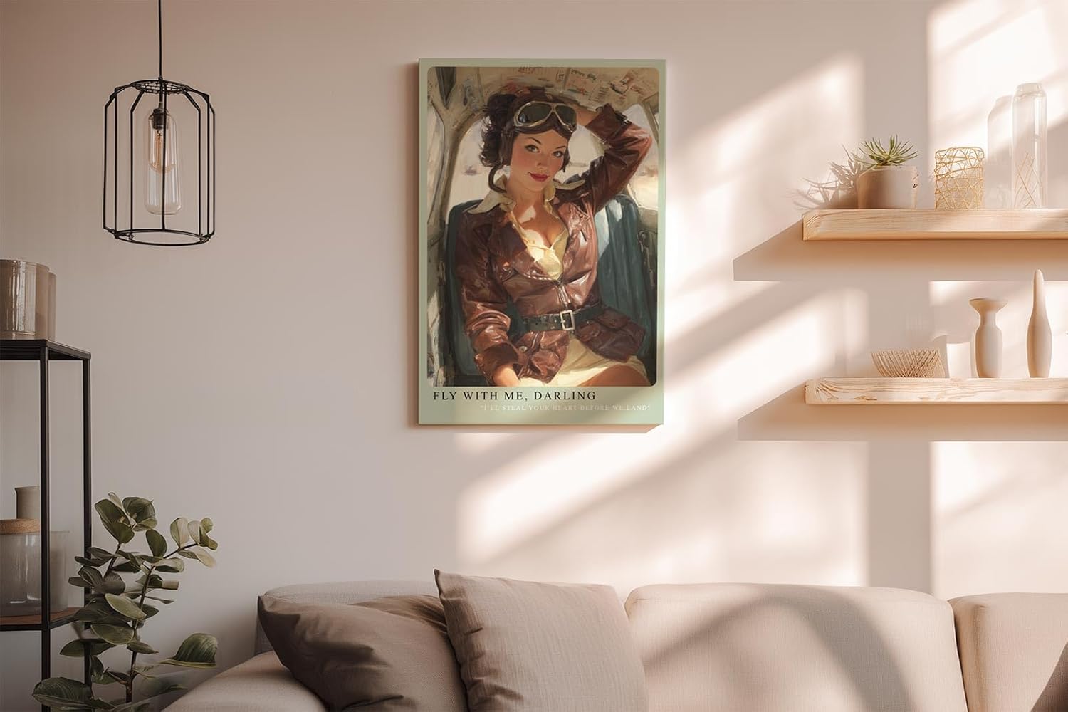 Paul Sinus Wandbild in 40x60cm Fly With Me, Darling – Pin-up-Pilotin im Cockpit mit Lederjacke und Fliegerbrille