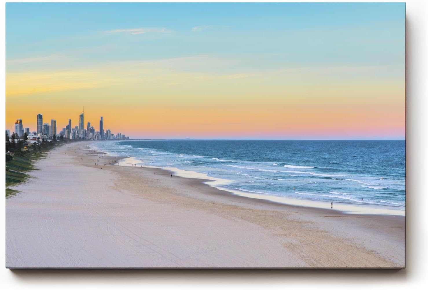 Sinus Art Wandbild 120x80cm Strand und Skyline in perfekter Balance – modernes Motiv zwischen Natur und Stadt