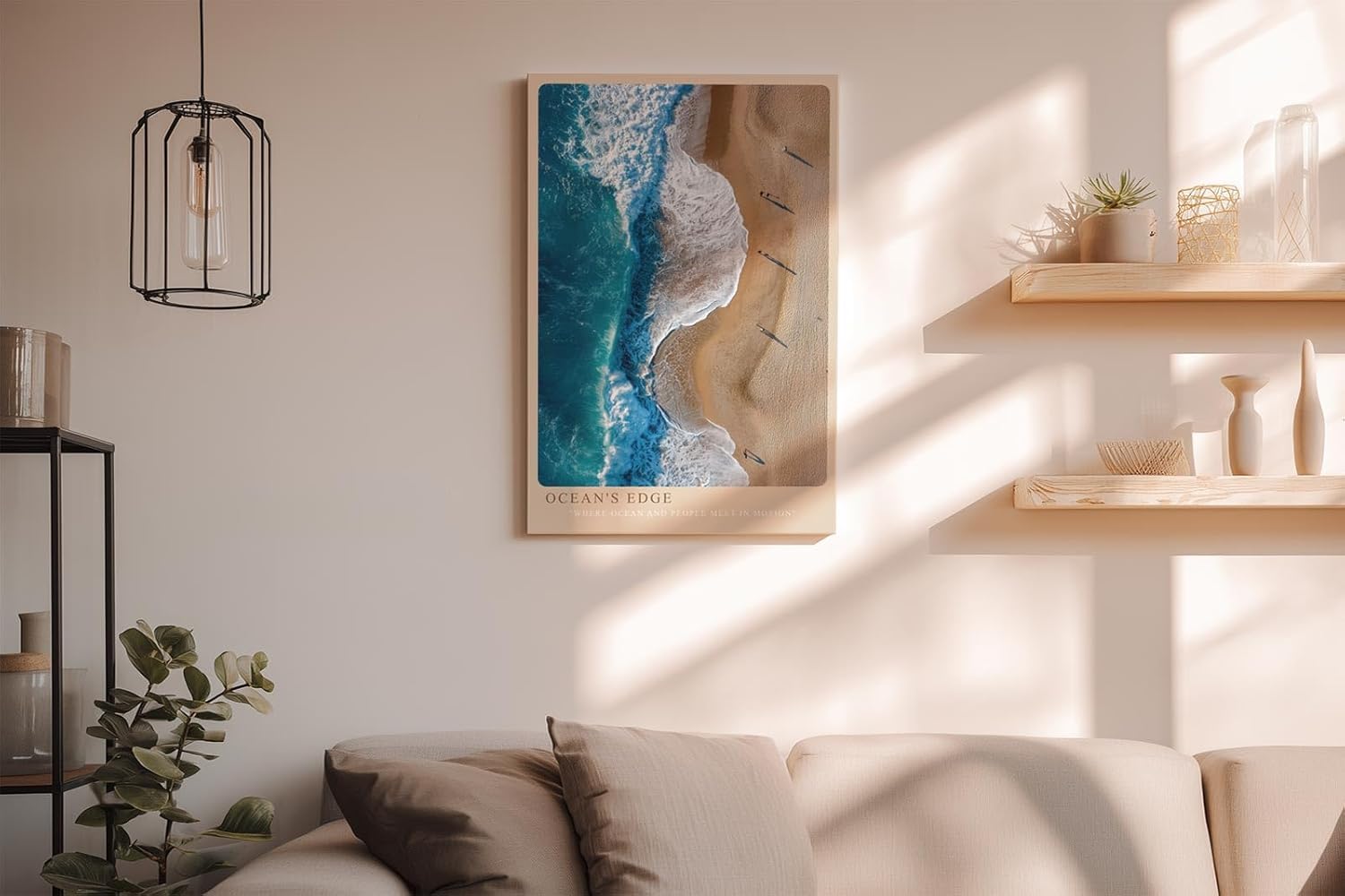 Paul Sinus Wandbild in 40x60cm Ocean's Edge – Luftaufnahme von Wellen und Sandstrand in Blauund Beigetönen
