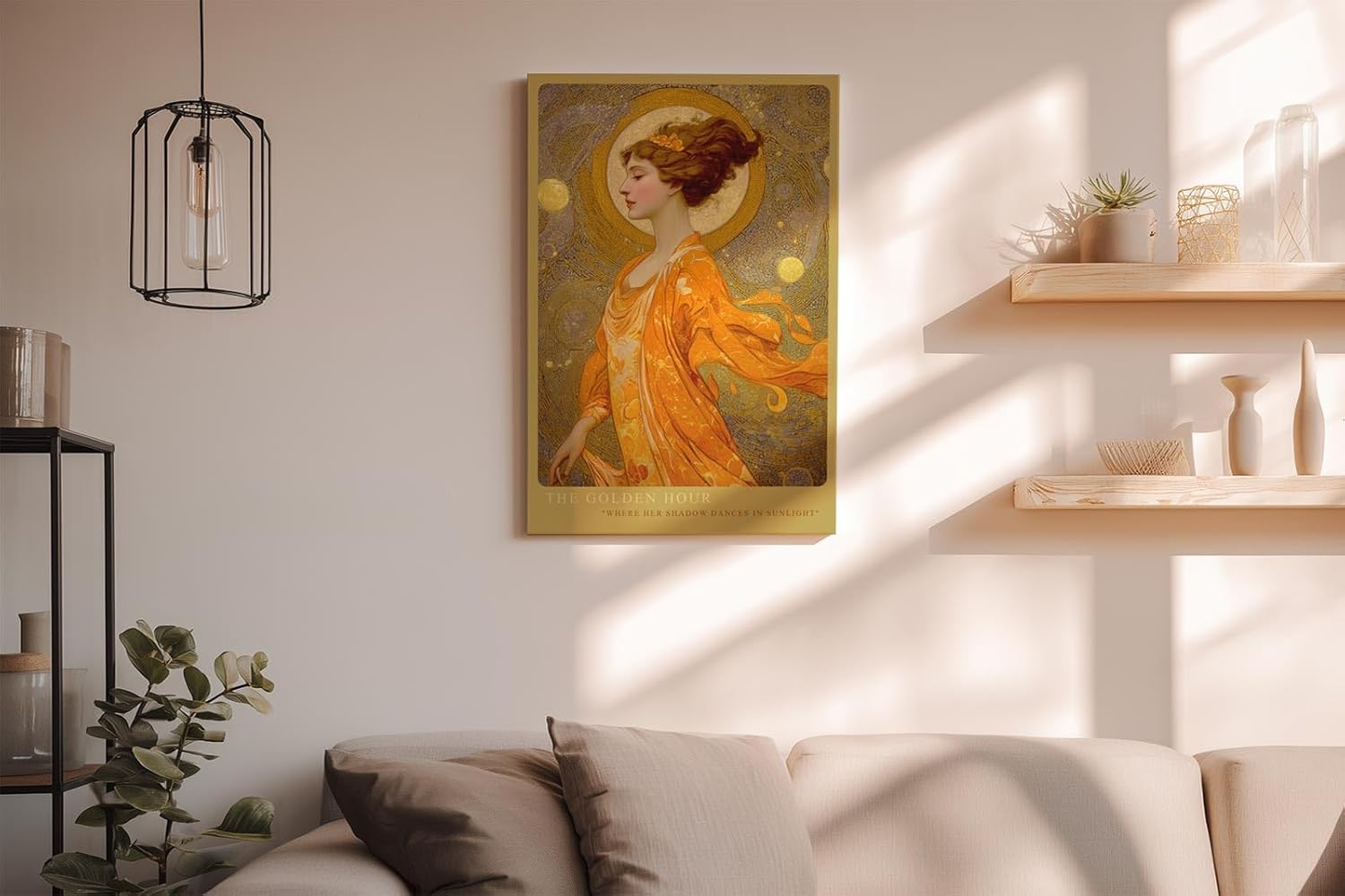 Paul Sinus Wandbild in 40x60cm The Golden Hour mit eleganter Frau in goldener Robe vor strahlendem Kreis für luxuriöse Wandgestaltung