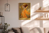 Paul Sinus Wandbild in 40x60cm The Golden Hour mit eleganter Frau in goldener Robe vor strahlendem Kreis für luxuriöse Wandgestaltung