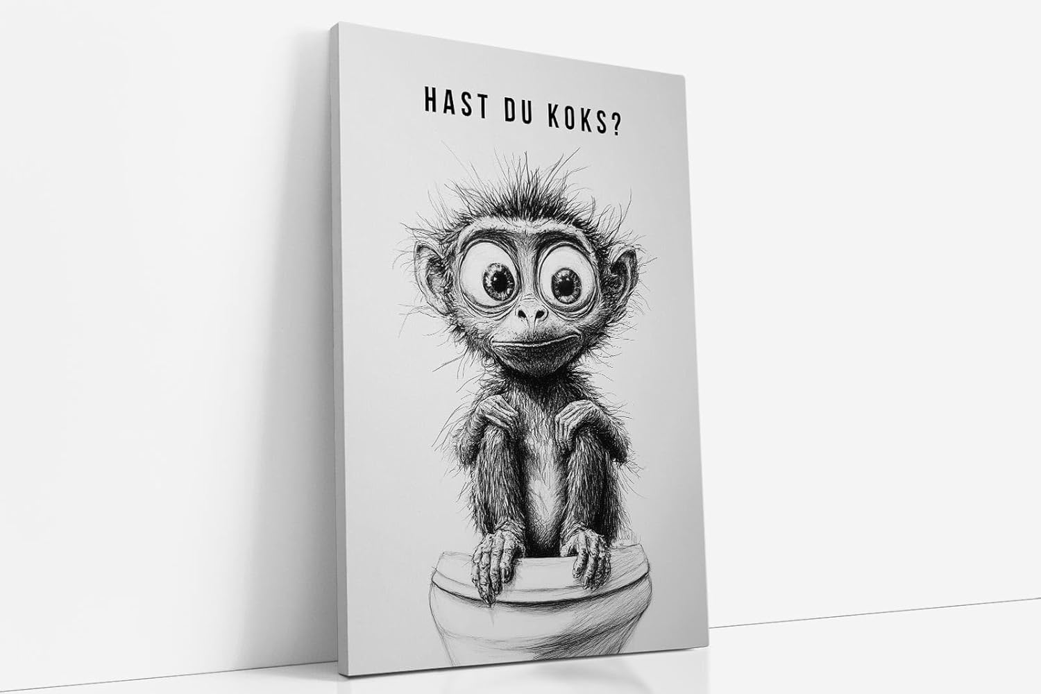 Paul Sinus Poster/Leinwandbild/Rahmenoption – Verrückter Affe auf Toilette „Hast du Koks?“ – Lustige WC-Deko für dein Badezimmer
