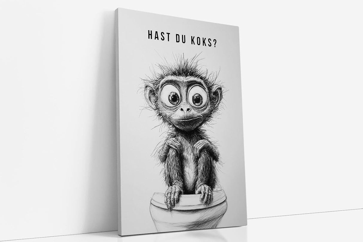 Paul Sinus Poster/Leinwandbild/Rahmenoption – Verrückter Affe auf Toilette „Hast du Koks?“ – Lustige WC-Deko für dein Badezimmer